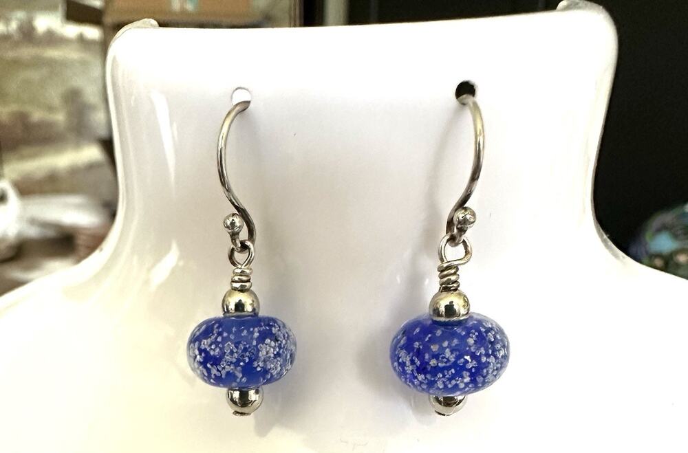 Silver 925 Shimmery Blue Lamp Work Glass Bead Dangle Ornament Earrings